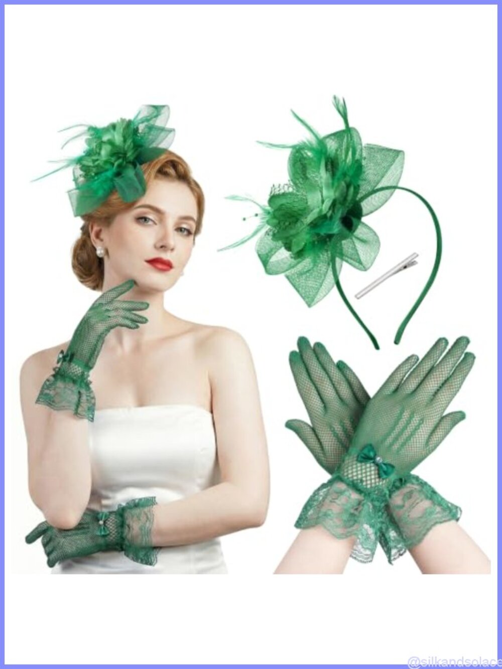 Fascinator Hat with Lace Gloves Set Mesh Headband Tea Party Wedding Accessories